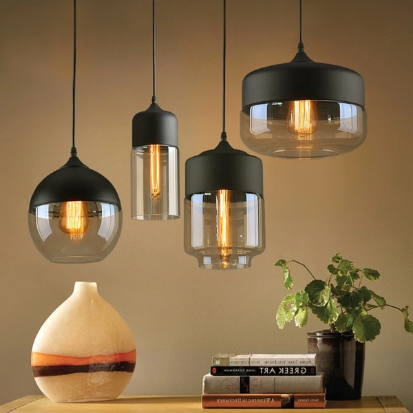 Minimalist Art Pendant light in Acrylic and Metal with LED Bulbs Black Round Cube Cylinder