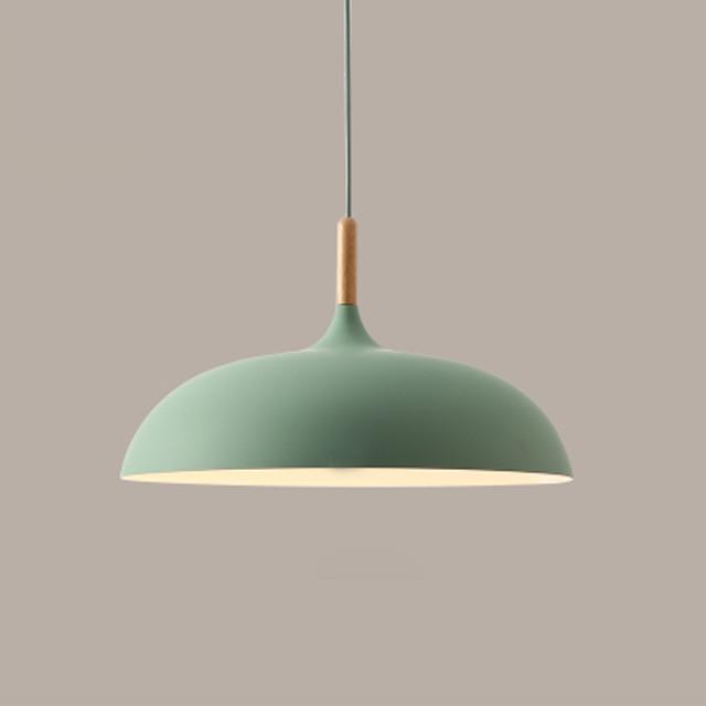 flat dome Aluminum lampshade with Wood detail green pendant light