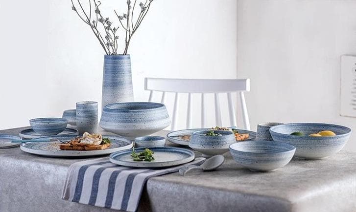 round Ceramic pottery Blue and white with dark speckles dinnerware