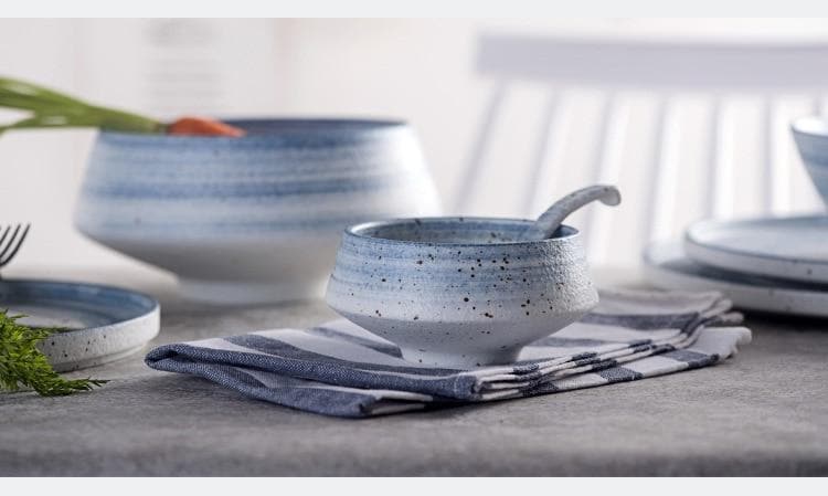 round Ceramic pottery Blue and white with dark speckles dinnerware