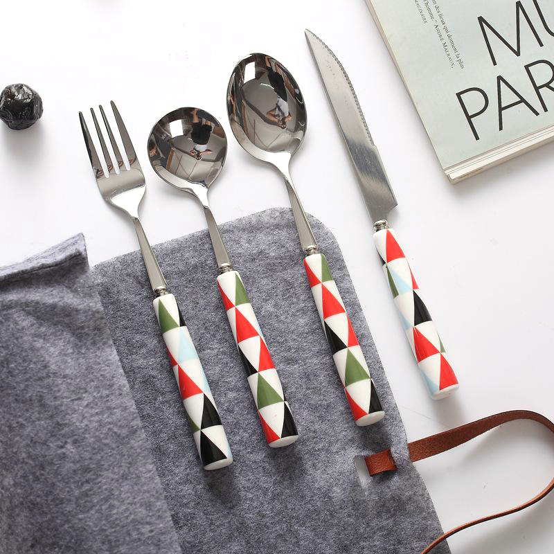 Painted Ceramic and Silver Stainless Steel  4PC Flatware Set