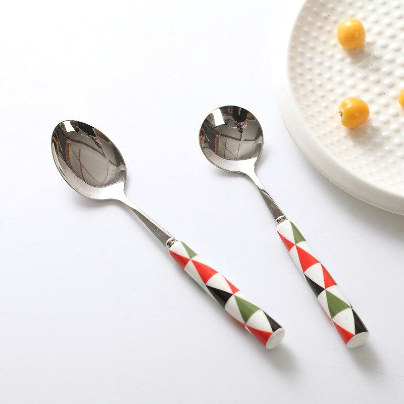 Painted Ceramic and Silver Stainless Steel  Flatware Set Spoon