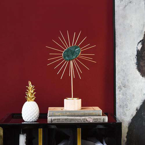 Boho Gold Metal Sun Sculpture with Precious Stone for Room Decor