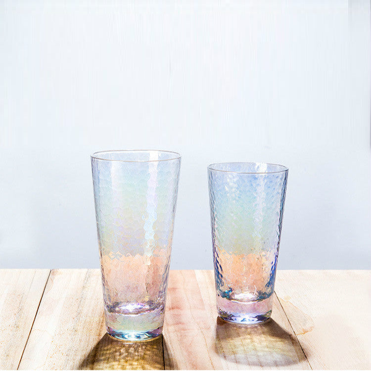 elongated hammered pattern rainbow colored glass cup